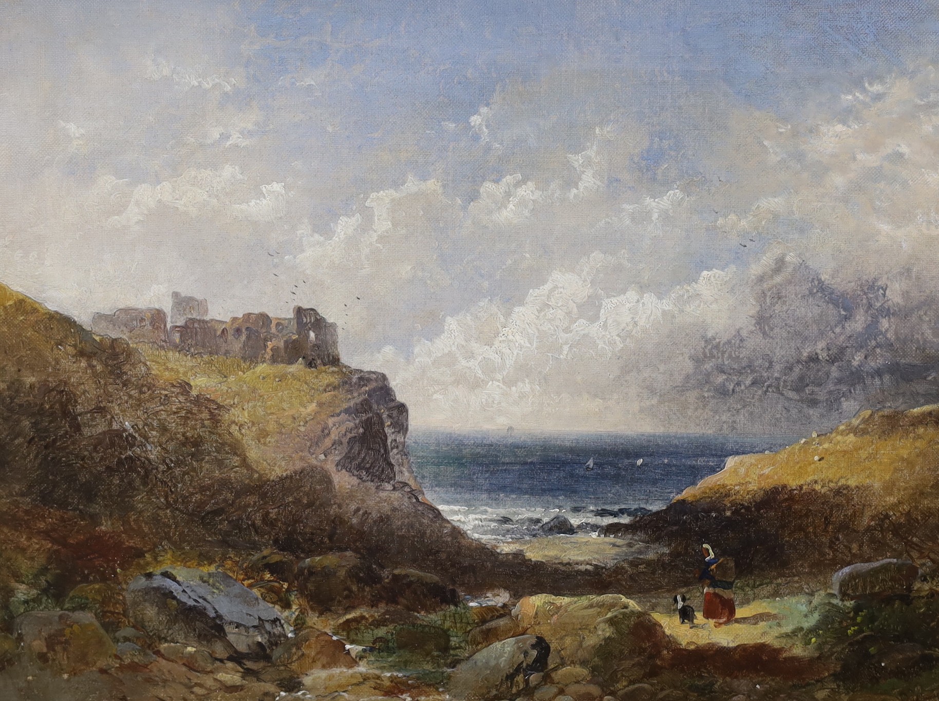 19th century English School, oil on canvas, Coastal landscape with woman, dog and castle ruins, 29 x 38cm
